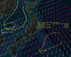weather in stk (agi) showing weather data over japan, a weather sentinel scenario